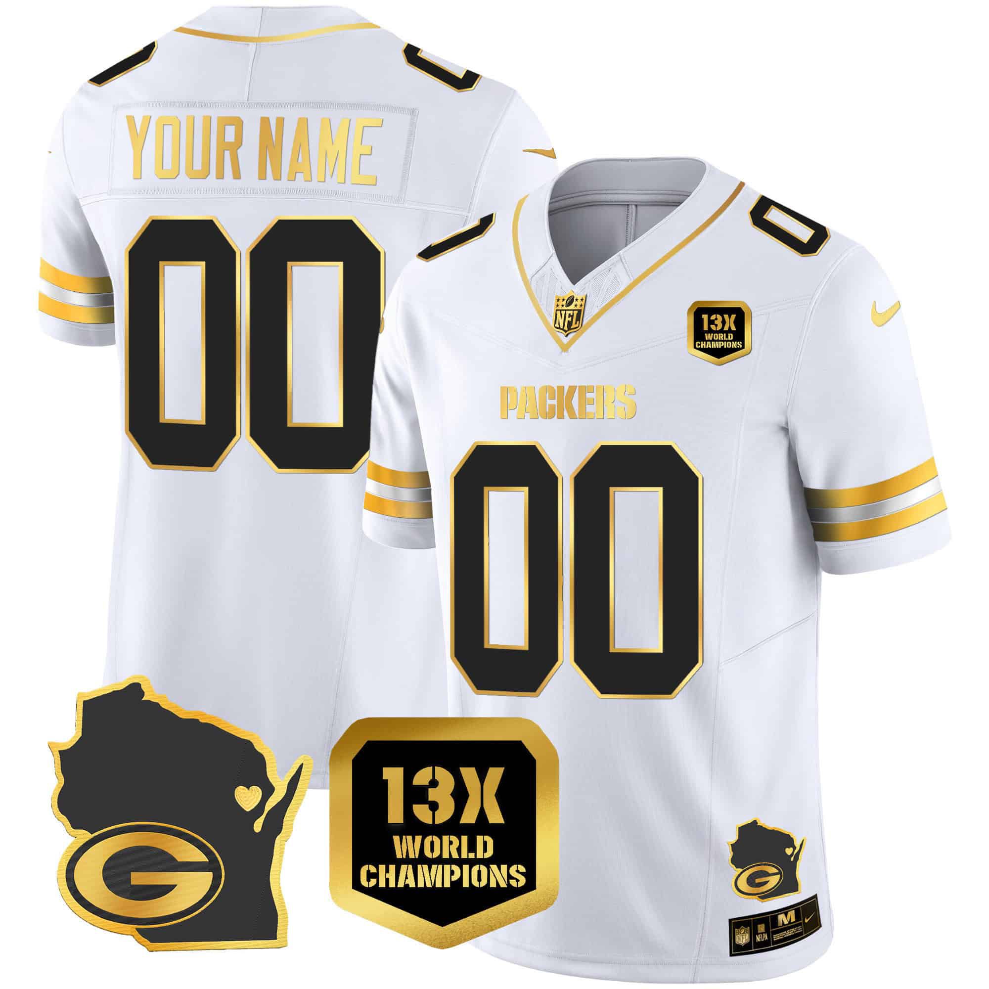 Men Green Bay Packers White Gold 2024 Nike World Champions Home Patch Vapor Custom NFL Jersey